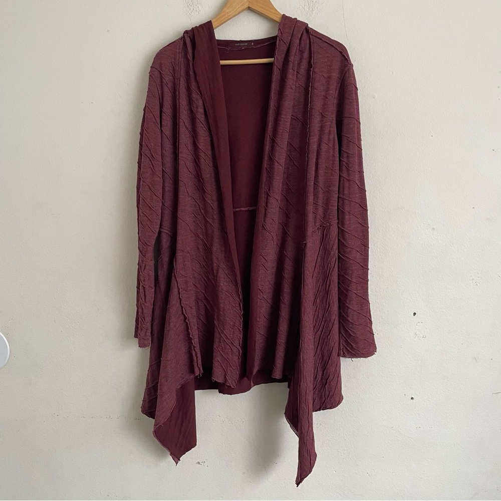 Cut Loose Lagenlook Burgundy Textured Hooded Open Front Cardigan XL Relaxed Fit